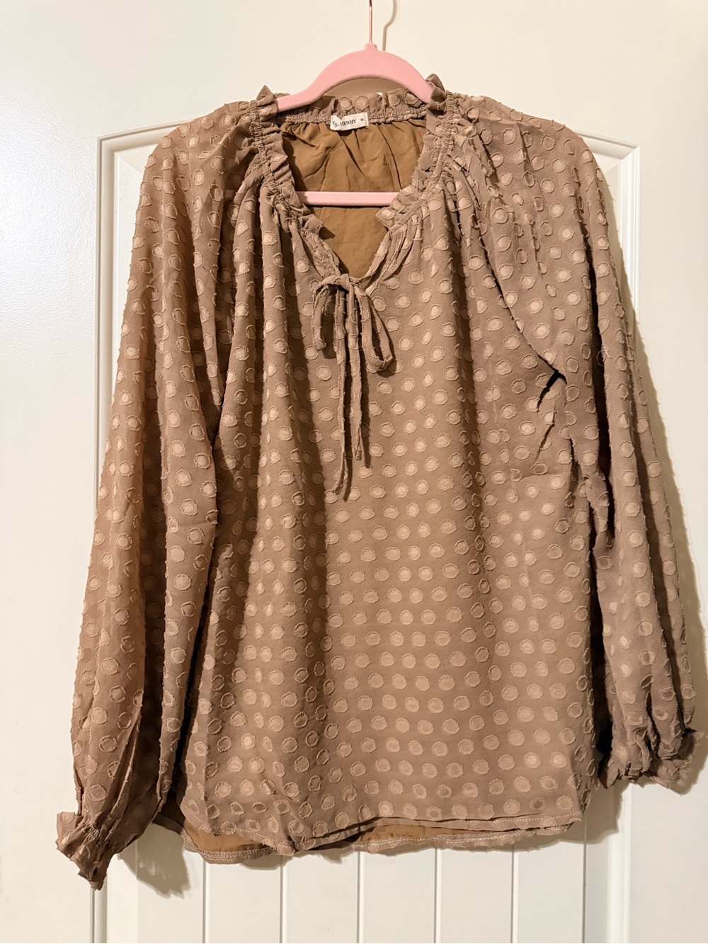 Boho Taupe Dot Tie-Neck Peasant Blouse NWOT